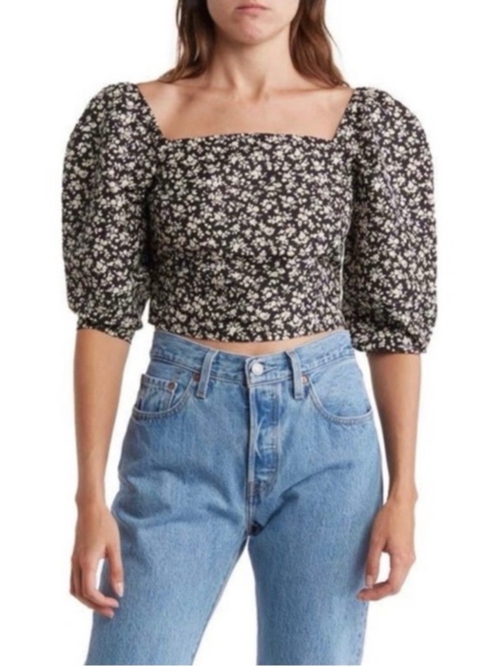 Levi's Black white Floral Puff Sleeve Crop Top smocked size large